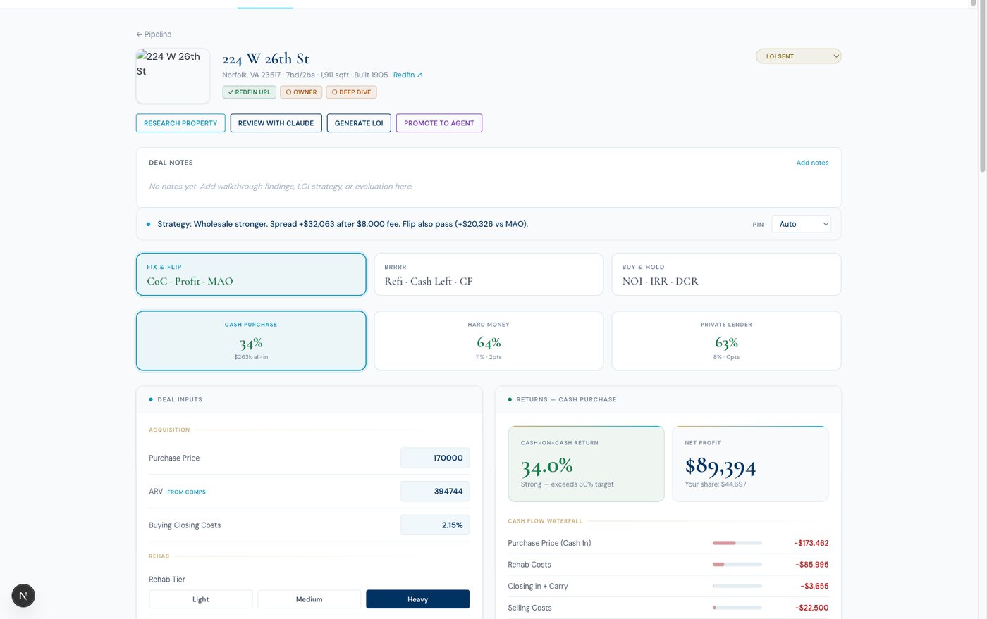 Naqua Capital single-deal analyzer for 224 W 26th St Norfolk showing fix and flip, BRRRR, and buy-and-hold returns under cash purchase, hard money, and private lender financing structures